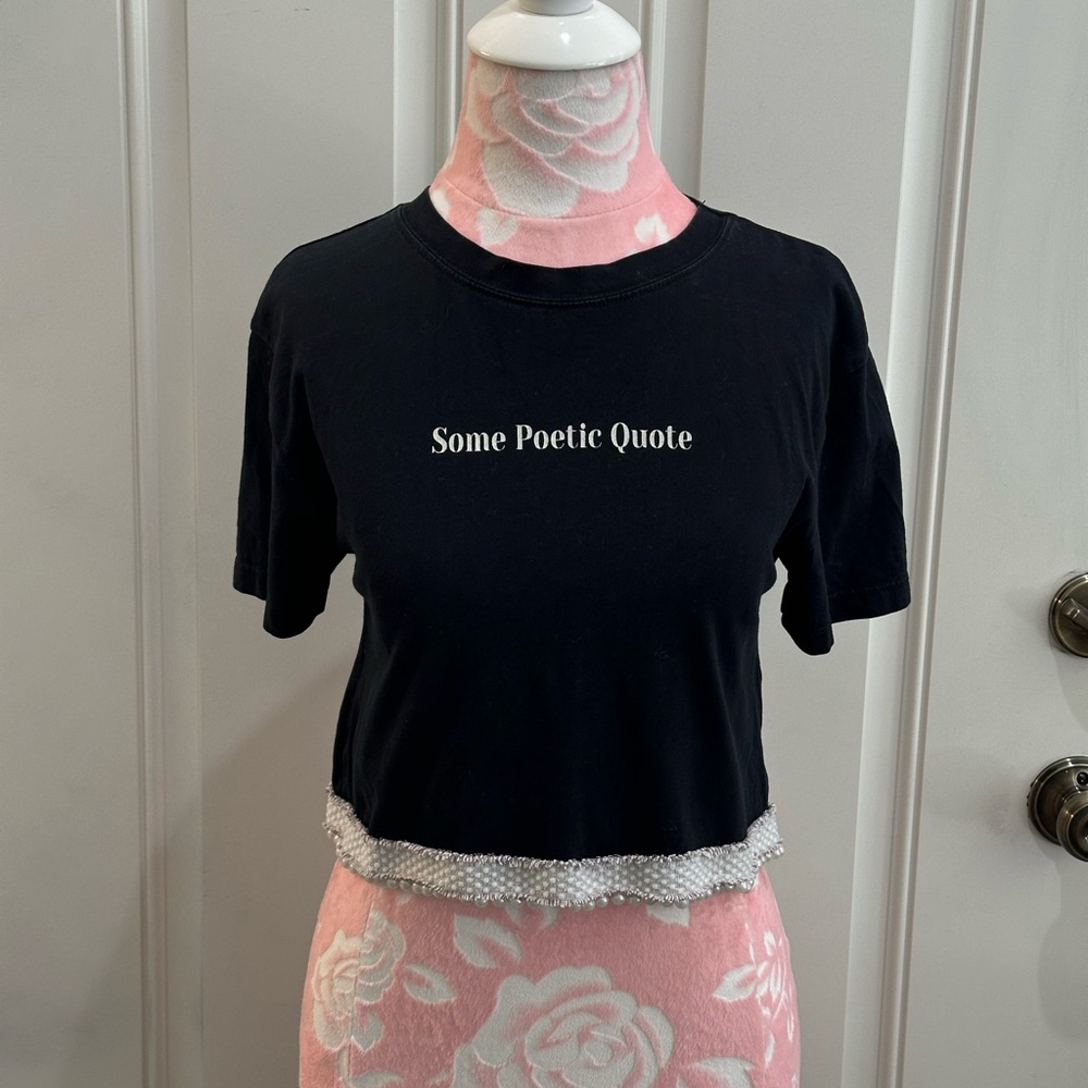 Zara Trafaluc Women’s Black Cropped “Some Poetic Quote” Tee with Pearl B…